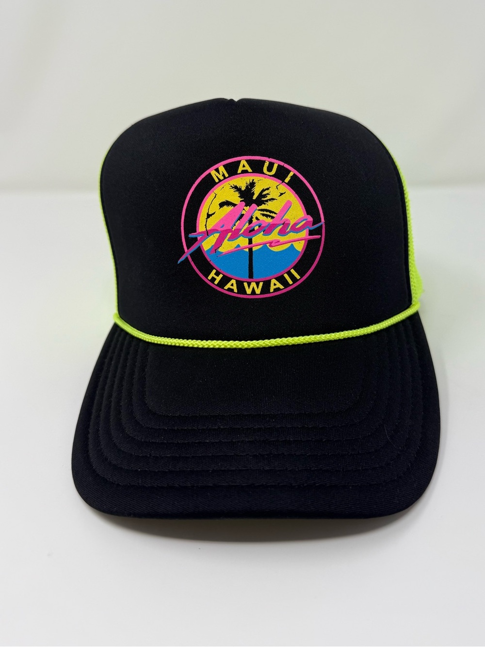 Maui Hawaii Aloha Black Neon Rope Trucker Hat